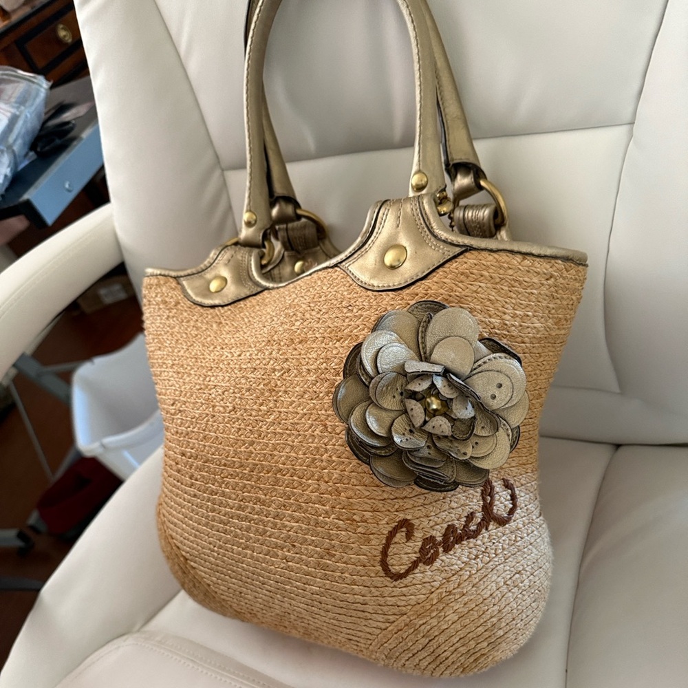 Straw Woven Coach Bleeker handbag-Flower Accent. Naturally woven. - Picture 2 of 14